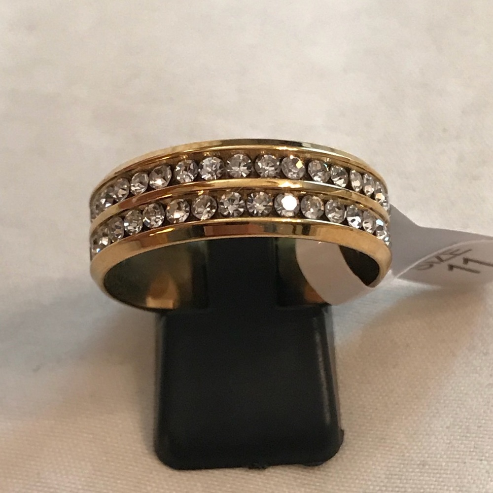 Stainless Steel Ring - gold tone - double row CZs